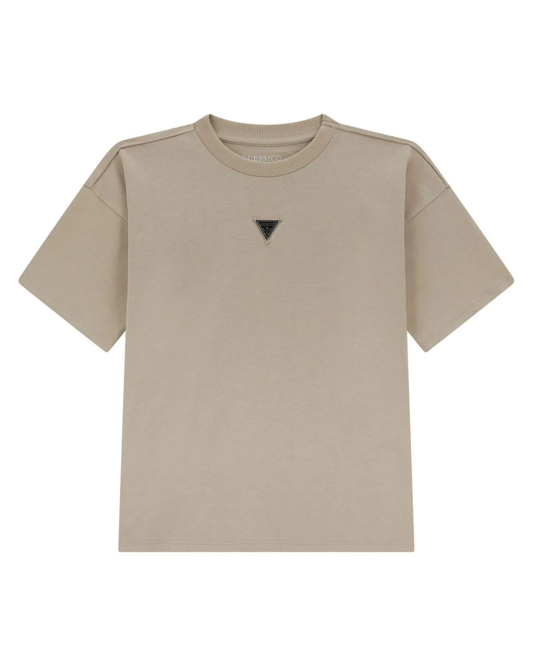 T-shirt Guess color sabbia mezza manica in puro cotone con placca logo