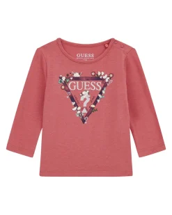 T-shirt Guess in cotone stretch color peonia con logo icon e fiorellini