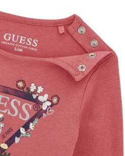 T-shirt Guess in cotone stretch color peonia con logo icon e fiorellini