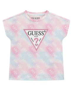 T-shirt Guess in cotone strech rosa e azzurro pastello con logo monogram