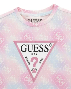 T-shirt Guess in cotone strech rosa e azzurro pastello con logo monogram