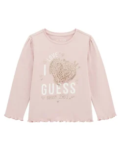 T-shirt Guess in cotone stretch rosa con cuore in rilievo