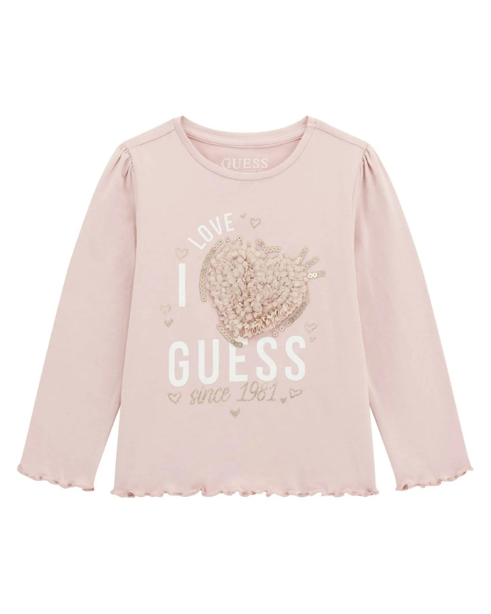 T-shirt Guess in puro cotone rosa con cuore e petali in rilievo