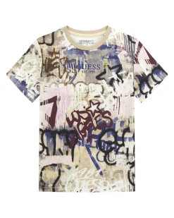 T-shirt Guess mezza manica in puro cotone con graffiti multicolor