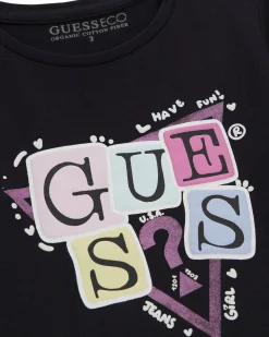 T-shirt Guess nera a maniche lunghe in misto cotone con logo gommato multicolor