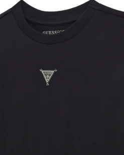 T-shirt Guess nera mezza manica in puro cotone con placca logo
