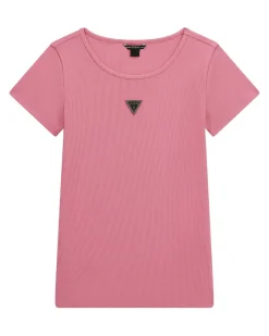 T-shirt Guess rosa a costine in cotone stretch a maniche corte