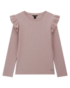 T-shirt Guess rosa lurex in cotone stretch a maniche lunghe con rouches