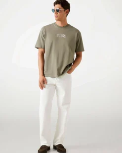 T-shirt Guess salvia in cotone con stampa floreale sul retro