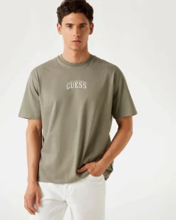 T-shirt Guess salvia in cotone con stampa floreale sul retro