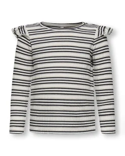 T-shirt Kids Only a maniche lunghe a righe avorio e nero con volant
