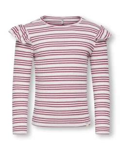 T-shirt Kids Only a maniche lunghe a righe avorio e bordeaux con volant