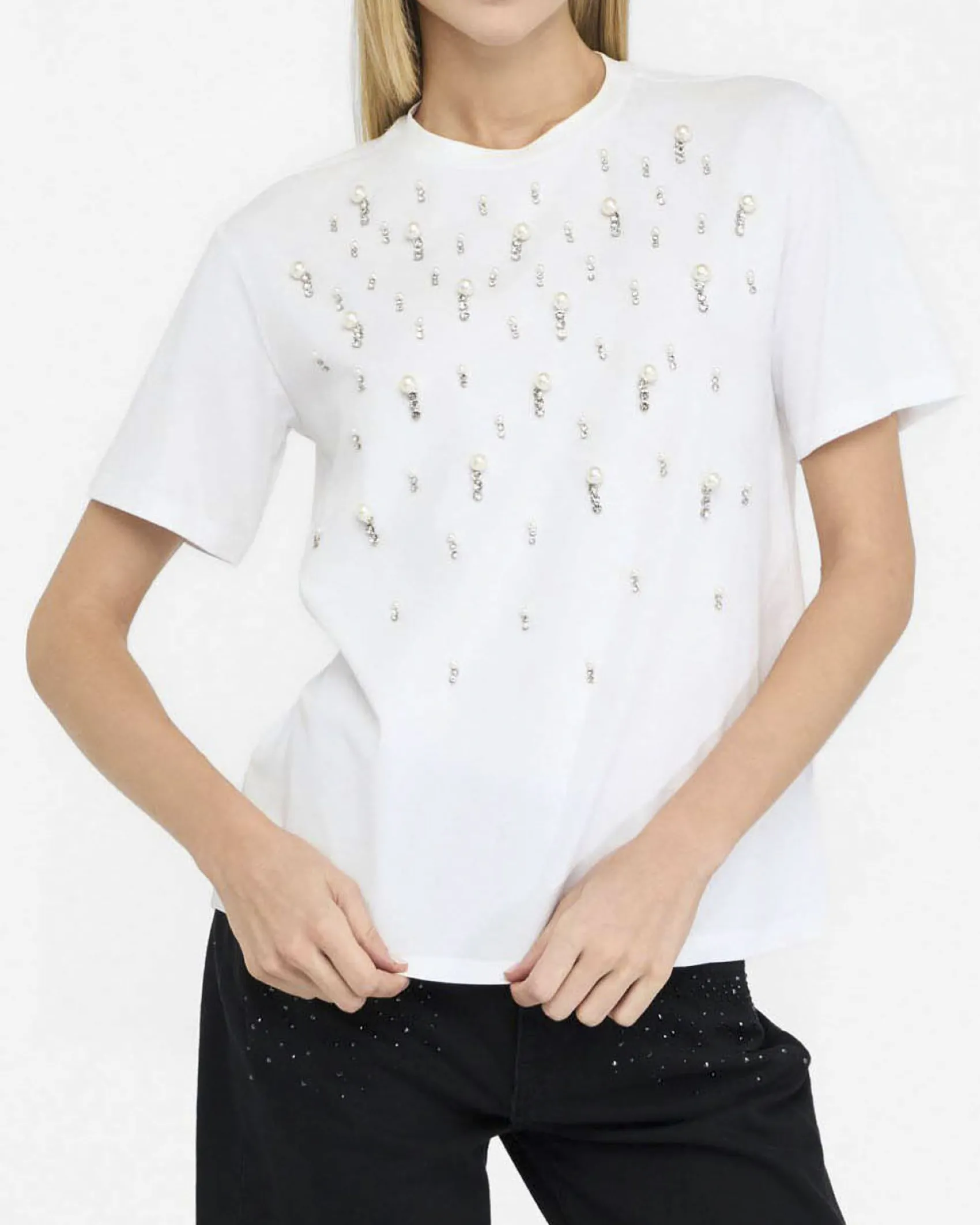 T-shirt Liu Jo bianca in cotone stretch con perle e strass