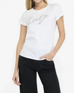 T-shirt Liu Jo Jeans bianca in cotone con logo in strass