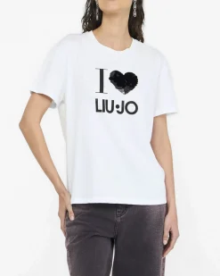 T-shirt Liu Jo Jeans bianca in cotone con scritta logo e pailettes nere