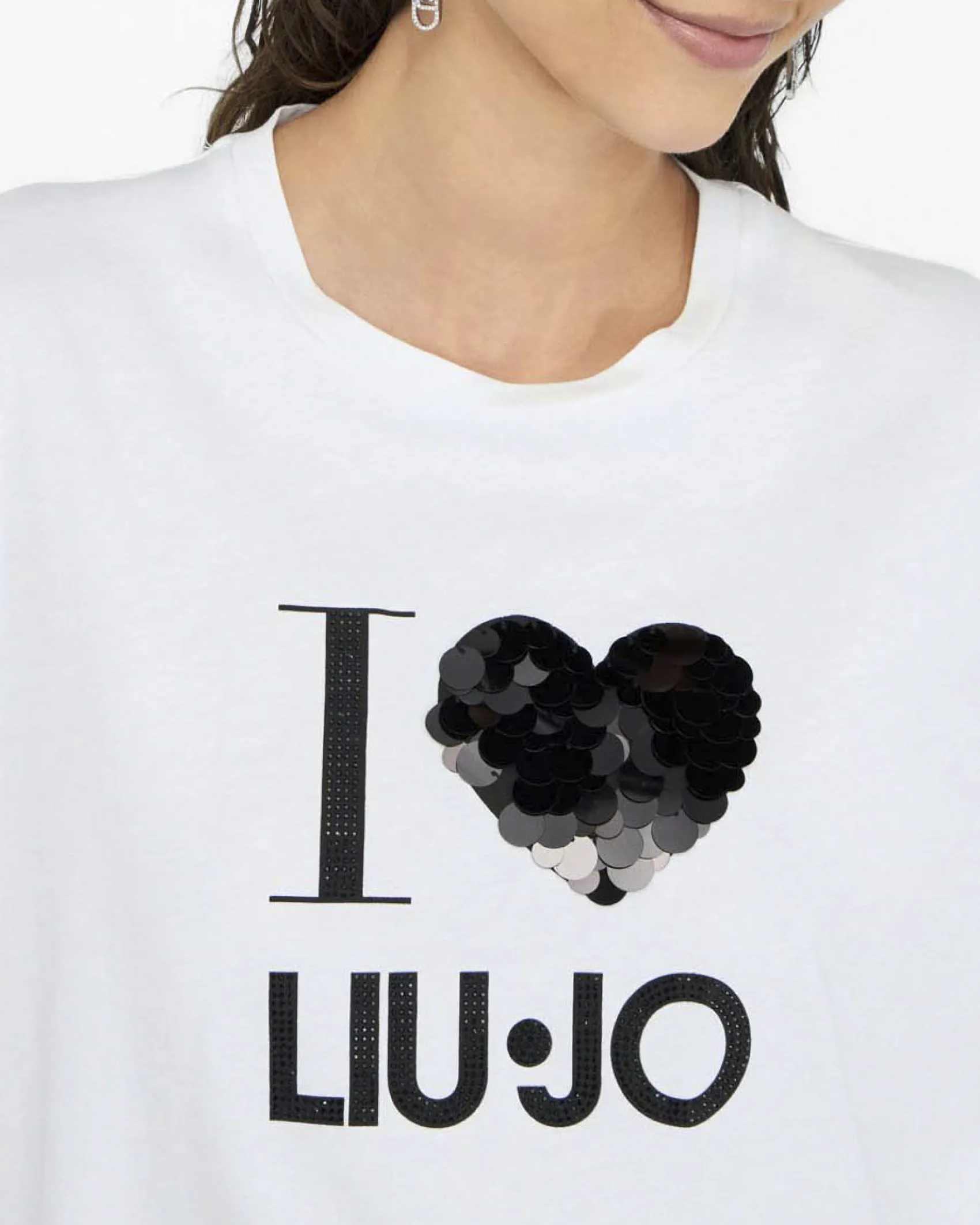 T-shirt Liu Jo Jeans bianca in cotone con scritta logo e pailettes nere