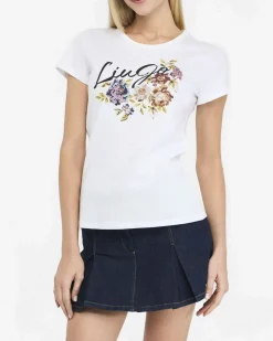 T-shirt Liu Jo Jeans bianca in cotone con fiori in rilievo