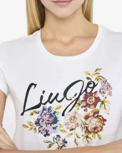 T-shirt Liu Jo Jeans bianca in cotone con fiori in rilievo