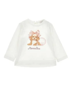 T-shirt manica lunga Monnalisa color avorio con stampa cagnolino e strass