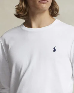 T-shirt manica lunga Polo Ralph Lauren bianca in puro cotone con logo pony blu ricamato sul petto