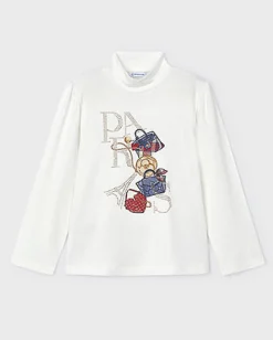 T-shirt Mayoral a lupetto bianca in viscosa stretch a maniche lunghe con stampa Paris strass