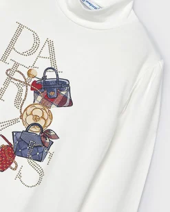 T-shirt Mayoral a lupetto bianca in viscosa stretch a maniche lunghe con stampa Paris strass