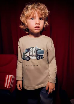T-shirt Mayoral beige in puro cotone a maniche lunghe con stampa camion