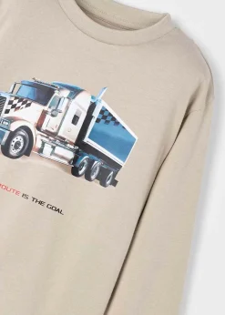 T-shirt Mayoral beige in puro cotone a maniche lunghe con stampa camion