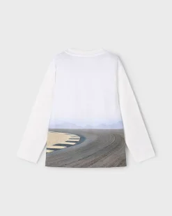 T-shirt Mayoral color avorio in puro cotone a maniche lunghe con stampa moto