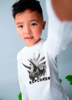 T-shirt Mayoral color avorio in puro cotone a maniche lunghe con stampa lrinoceronte e scritta 'Explorer'