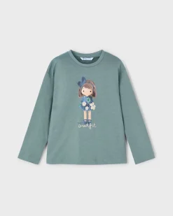 T-shirt Mayoral color salvia in puro cotone a maniche lunghe con bambolina