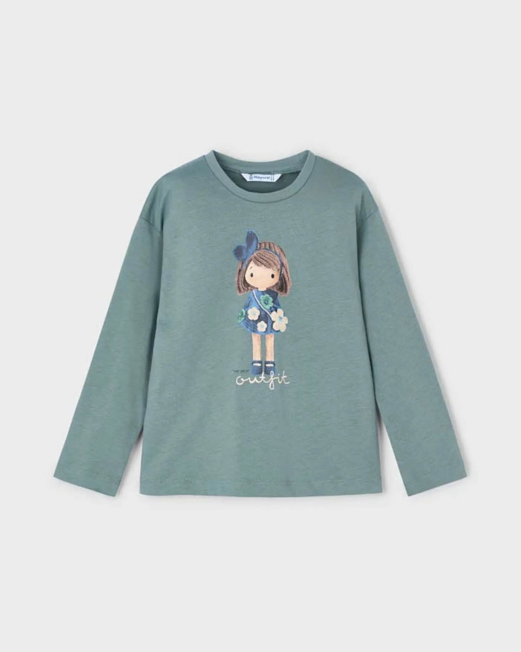T-shirt Mayoral color salvia in puro cotone a maniche lunghe con bambolina