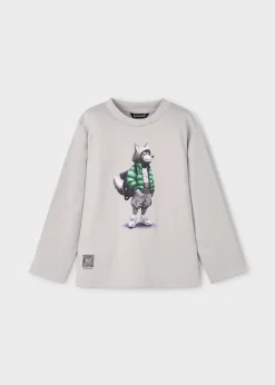 T-shirt Mayoral grigia in puro cotone a maniche lunghe con stampa lupo