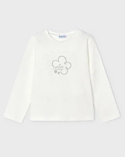 T-shirt Mayoral in cotone stretch bianca a maniche lunghe con stampa argento fiore