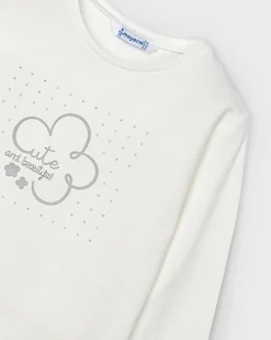 T-shirt Mayoral in cotone stretch bianca a maniche lunghe con stampa argento fiore