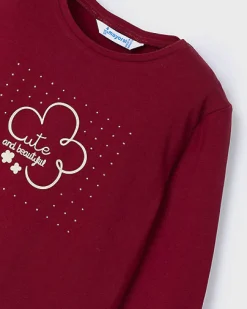 T-shirt Mayoral in cotone stretch rossa a maniche lunghe con stampa fiore