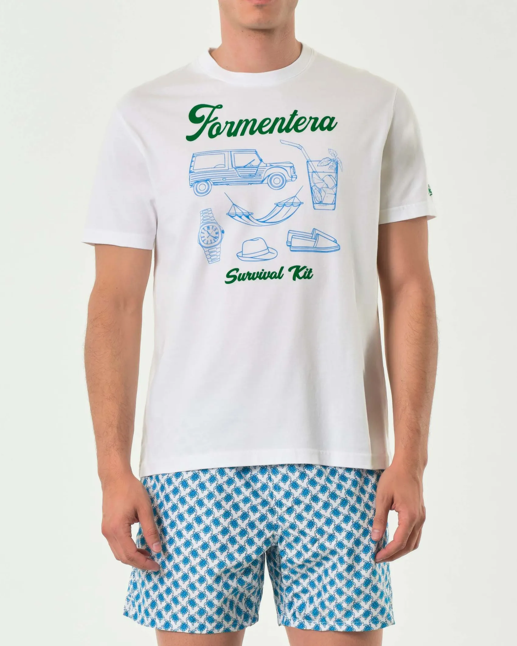 T-shirt MC2 Saint Barth bianca con maxi stampa Formentera Survival Kit davanti