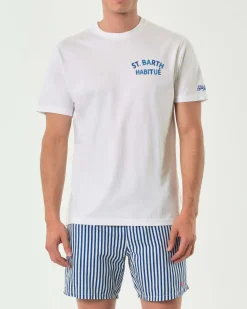 T-shirt MC2 Saint Barth bianca con stampa St. Barth Habitué piccola sul petto e maxi sul retro