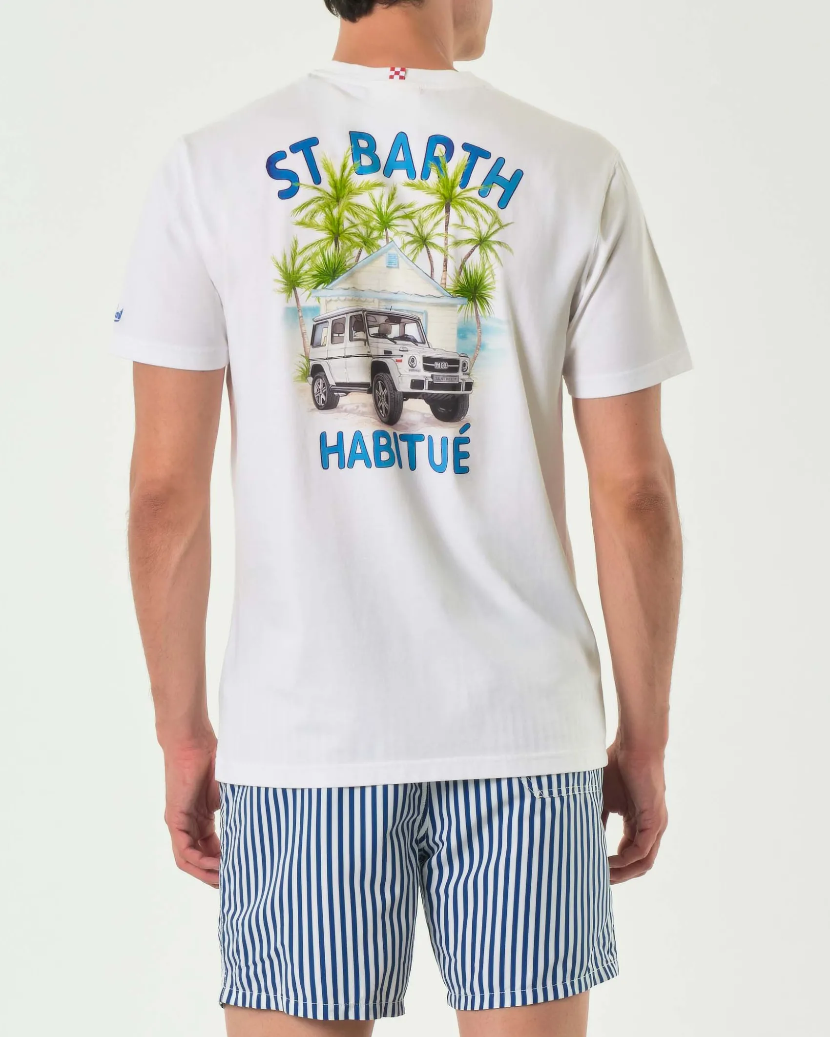 T-shirt MC2 Saint Barth bianca con stampa St. Barth Habitué piccola sul petto e maxi sul retro