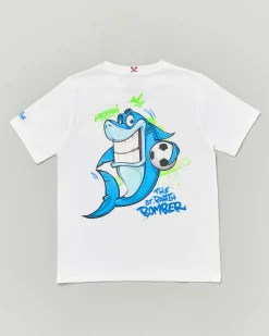 T-shirt MC2 Saint Barth bianca con squalo Bomber e palla da calcio