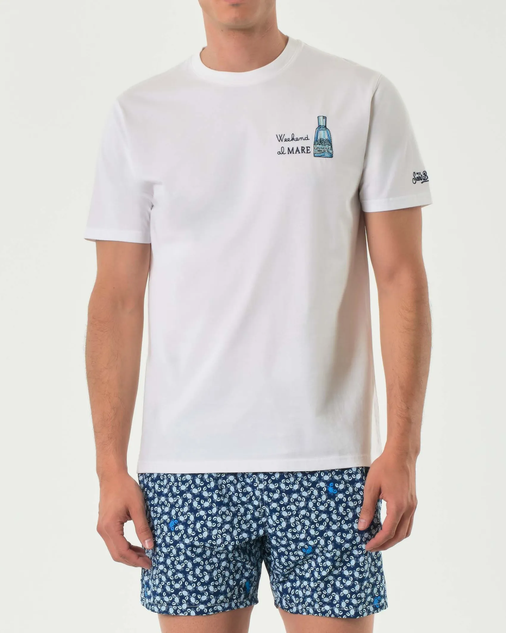 T-shirt MC2 Saint Barth bianca con ricamo Gin e scritta Weekend al Mare sul petto