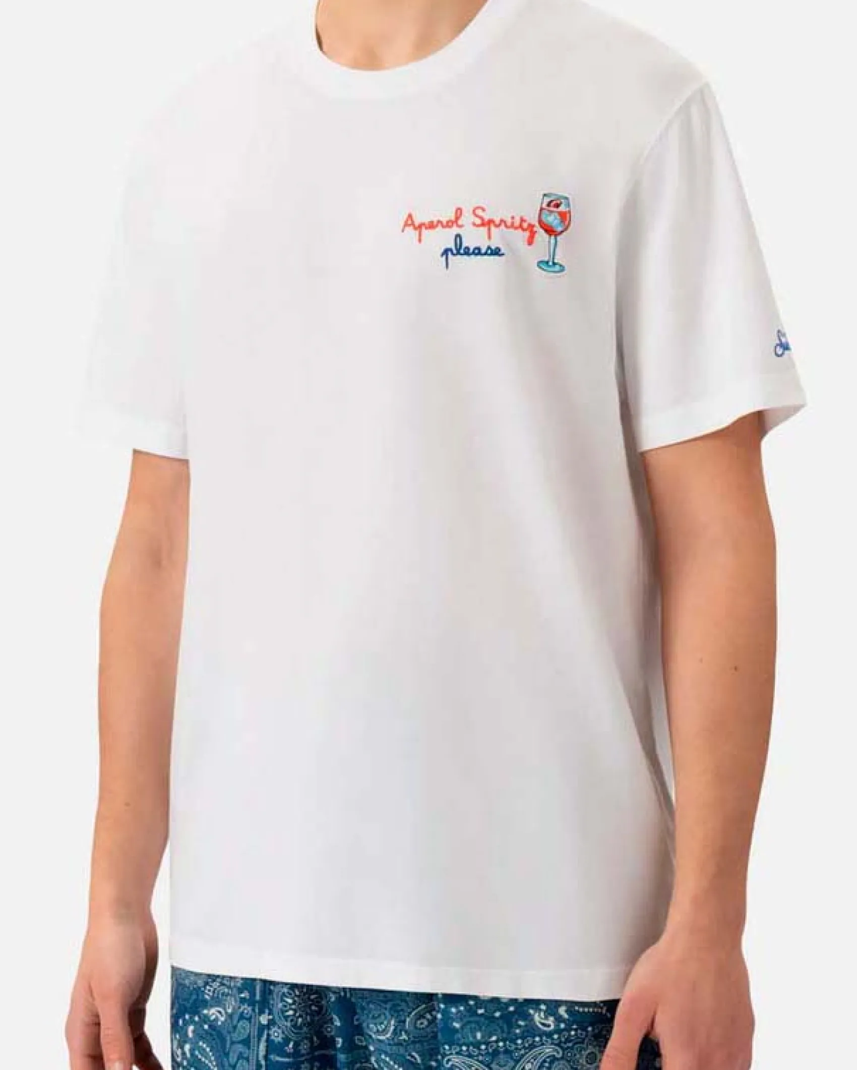 T-shirt MC2 Saint Barth bianca con ricamo Aperol Spritz Please sul petto