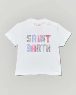 T-shirt MC2 Saint Barth bianca con scritta logo ricamata in multi fantasia