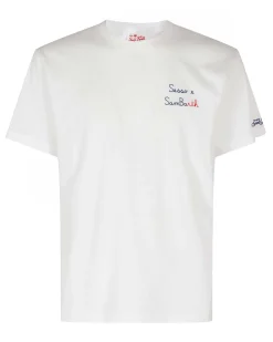 T-shirt MC2 Saint Barth bianca con ricamo Sesso e SanBarth sul petto