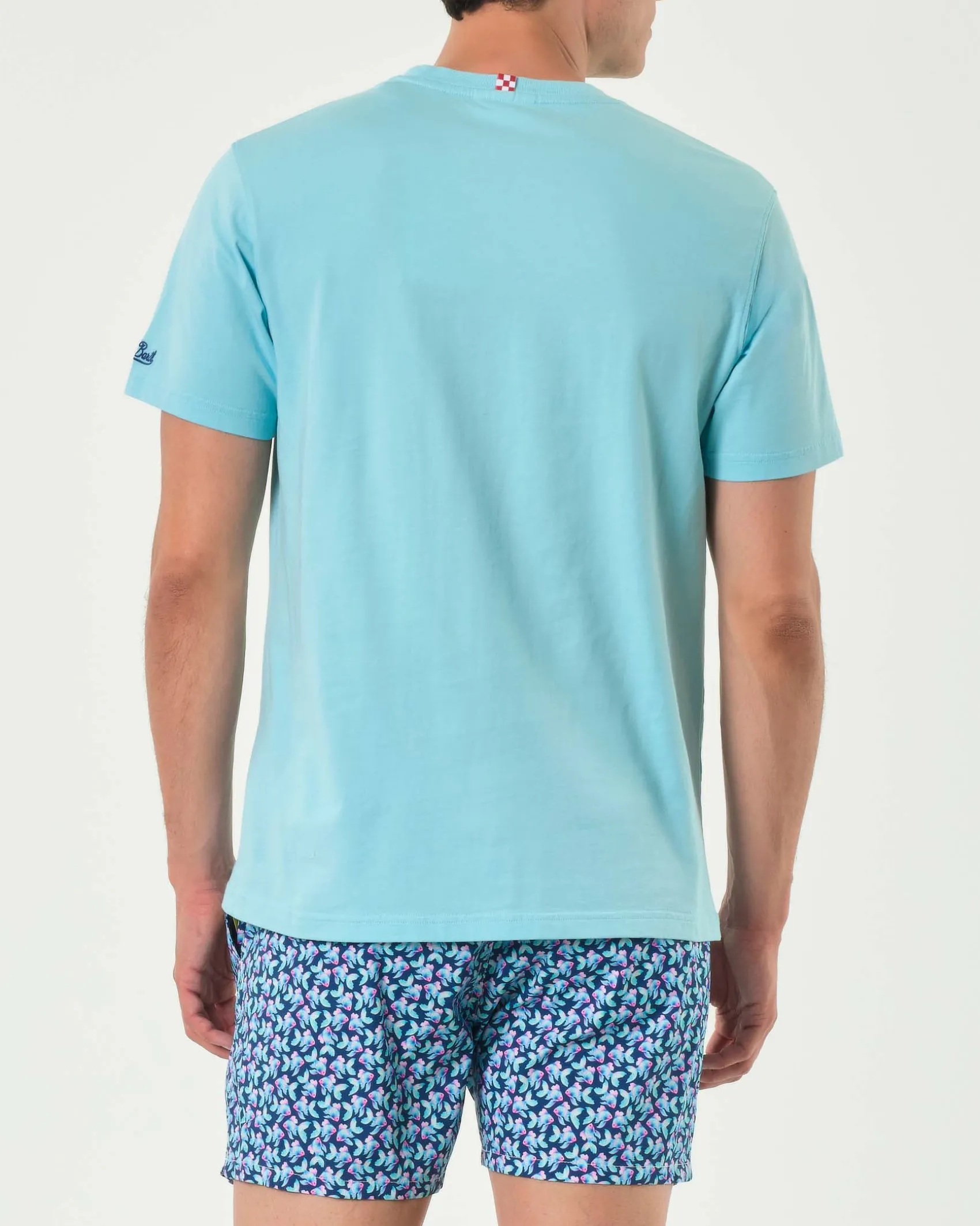 T-shirt MC2 Saint Barth color acqua con ricamo calice e scritta Guarda come dondolo…coon lo spritz! sul petto