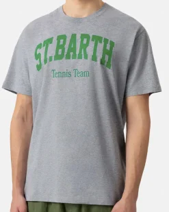 T-shirt MC2 Saint Barth grigio melange con stampa scritta logo e tennis team davanti