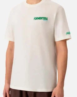 T-shirt MC2 Saint Barth panna con scritta sul petto e maxi stampa grafica Formentera habituè sul retro
