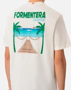 T-shirt MC2 Saint Barth panna con scritta sul petto e maxi stampa grafica Formentera habituè sul retro