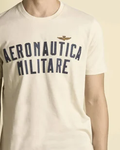 T-shirt mezza manica Aeronautica Militare beige con logo scritta ricamato sul petto