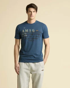 T-shirt mezza manica Aeronautica Militare ottanio con stampa scritte e logo sul petto